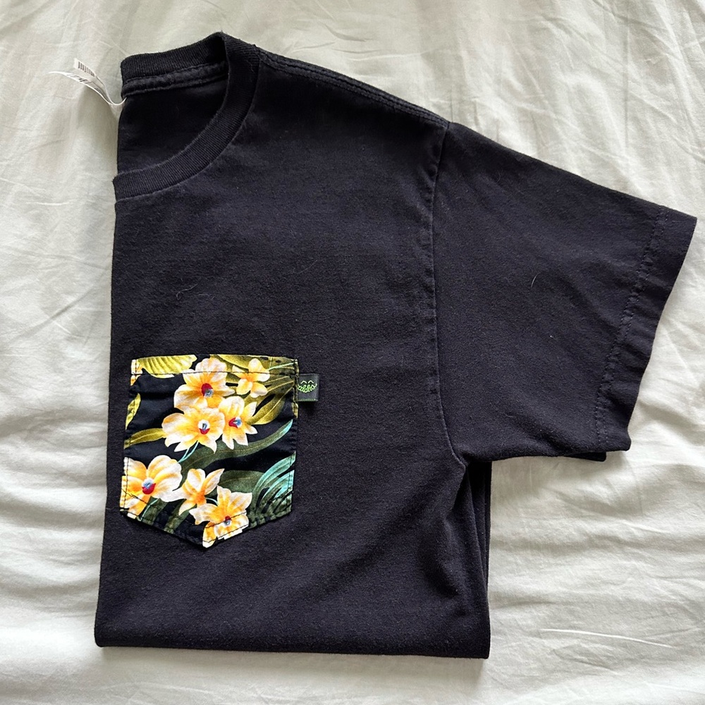 Black T-Shirt with Aloha Print Pocket